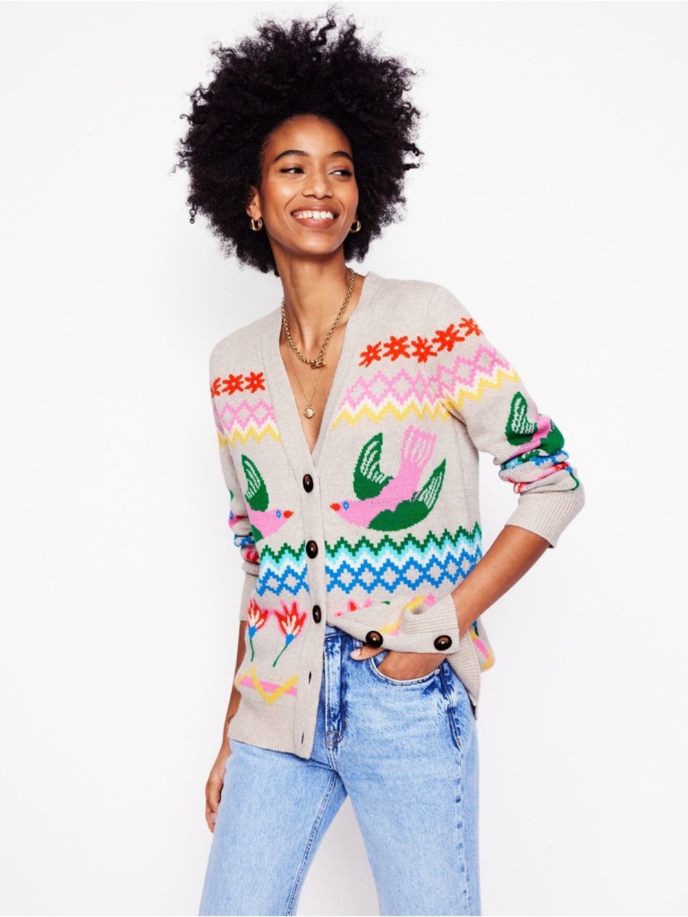 Boden Fair Isle Boyfriend Cardigan in Oatmeal Melange Birds Size XS